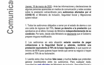 COMUNICADO SOBRE PRESTACIONES A AUTÓNOMOS