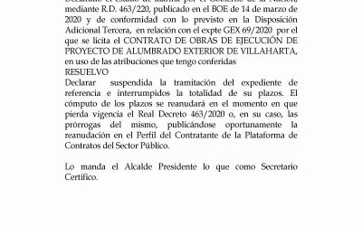 SUSPENSIÓN TRÁMITE DE LICITACIÓN CONTRATO DE OBRAS DE ALUMBRADO