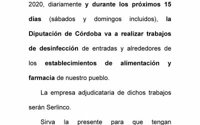 DIPUTACIÓN DE CÓRDOBA REALIZARÁ TRABAJOS DE DESINFECCIÓN