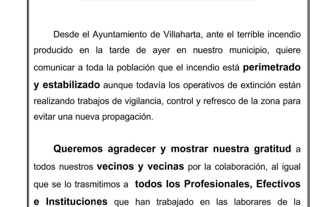 COMUNICADO OFICIAL SOBRE EL INCENDIO FORESTAL
