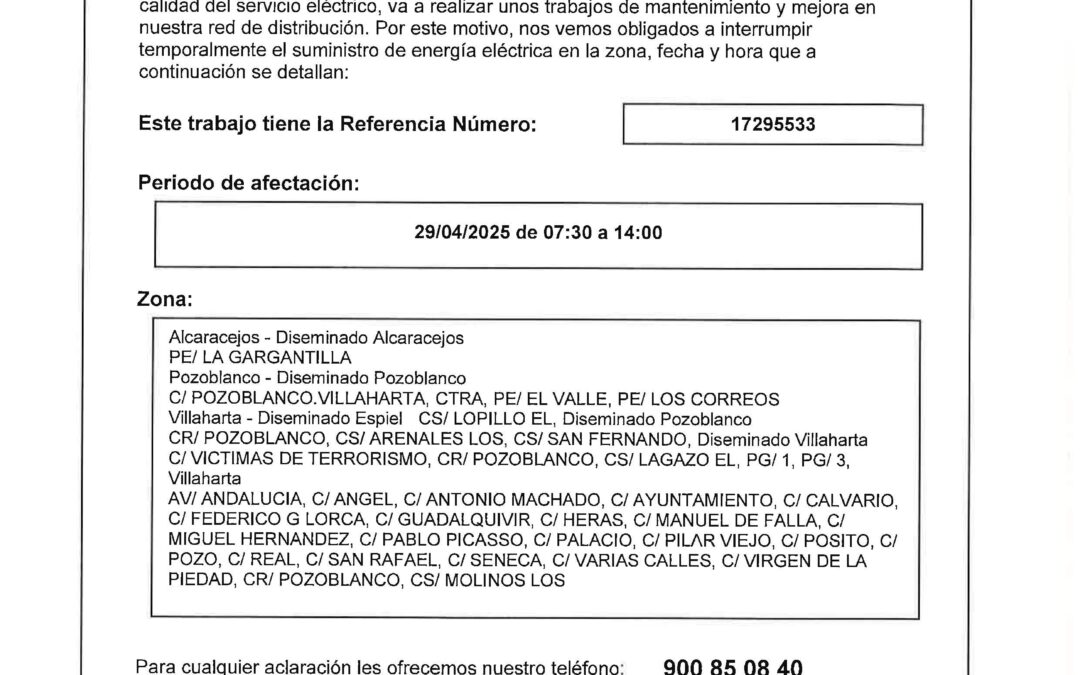 AVISO. CORTE DE ELECTRICIDAD
